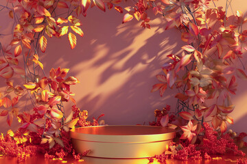 Elegant gold podium set against a backdrop of autumnal colors and foliage, highlighting the richness and beauty of the season with copy-space