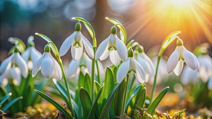 Close-up of snowdrops with natural blur and sunlight, symbolizing upcoming spring, snowdrops, flowers, spring, nature, sunlight