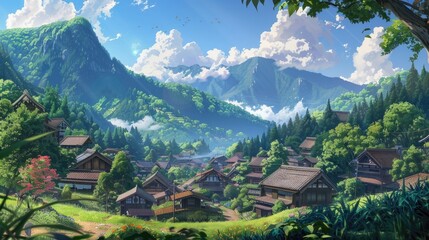 Picturesque rural village and mountain scenery, anime style, lush greenery and tranquil setting -