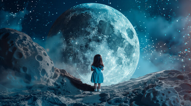 Fantasy background with a girl on the background of a huge moon and space with stars