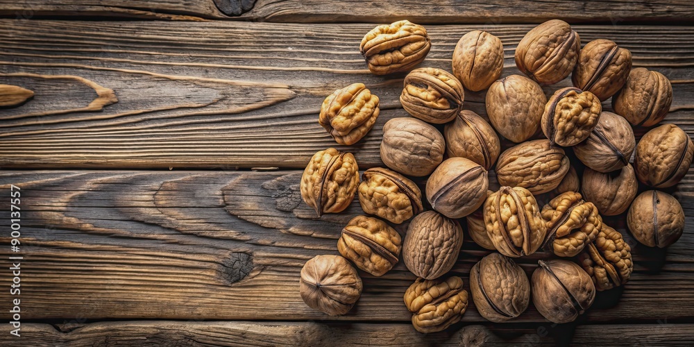 Poster Walnuts arranged on a rustic wooden background, healthy, nuts, organic, food, natural, snack, wooden, backdrop, texture