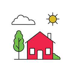 Explore this isolated flat vector illustration of a red house with a dark roof and surrounding trees. Perfect for urban architecture and real estate projects, it offers a stylish and modern design.