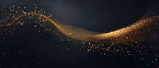 Photorealistic shiny gold glitter dust curve abstract design element on dark background for Christmas greeting card