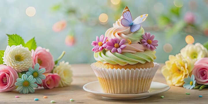 Spring themed cupcake with pastel colored flowers and butterflies for birthday or anniversary celebrations, cupcake