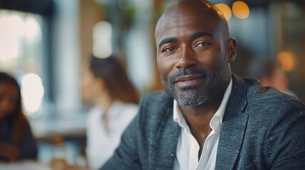 Obraz premium Confident Leader, Focused Vision: A portrait of a charismatic Black professional exuding confidence in a bustling cafe setting. 