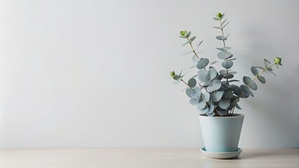 White background with a eucalyptus baby blue houseplant and copy space , houseplant, eucalyptus, baby blue