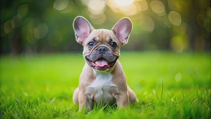 Fototapeta premium Playful French bulldog puppy sitting on green grass with tongue out, French bulldog, puppy, cute, playful, grass