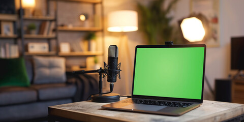 Home studio podcast interior. Microphone, laptop with green screen