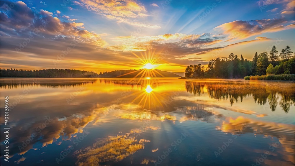 Canvas Prints Sunrise casting golden light over a tranquil lake, sunrise, lake, dawn, water, reflection, calm, serene, morning, nature