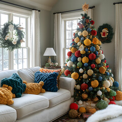 Cozy Christmas living room featuring a colorful yarn-ball tree, complemented by plush throws and a festive wreath.