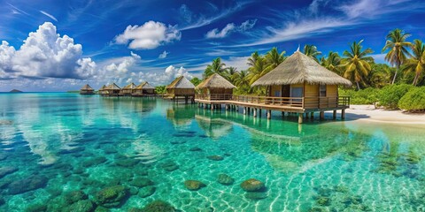 Tropical paradise destination with crystal clear waters and overwater bungalows, Maldives, Indian Ocean, tropical