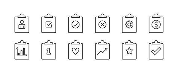 Clipboard flat line icons with different symbols, editable stroke, vector eps10 illustration