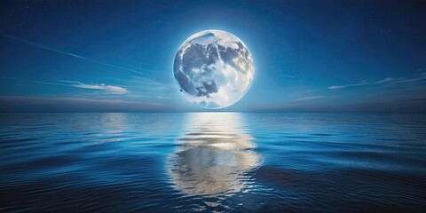 Bright full moon shining over calm ocean water with moonlight reflection , Moonlight, ocean, landscape, full moon, night
