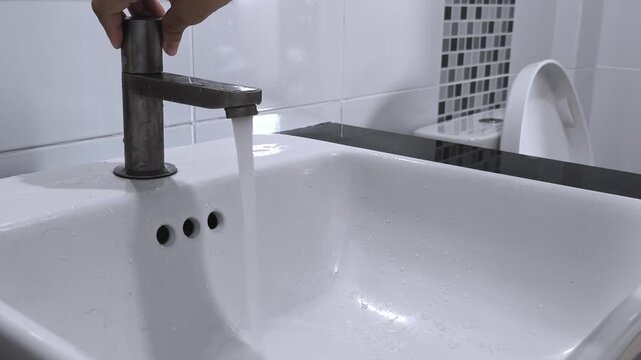 turn valve and shut off water pouring from faucet to bathroom sink, slow motion shot.