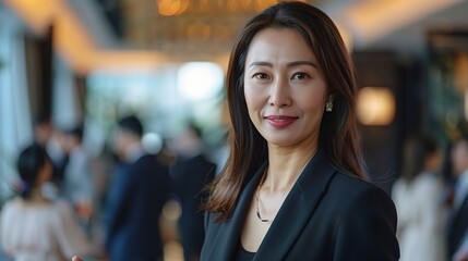 Obraz premium Confident Asian Businesswoman - Portrait of a successful Asian businesswoman in a bustling corporate environment.