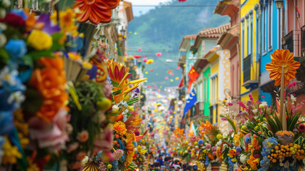 Fototapeta premium San Mateo Feast, floats decorated with flowers and religious symbols, colorful city buildings background, Ai generated Images