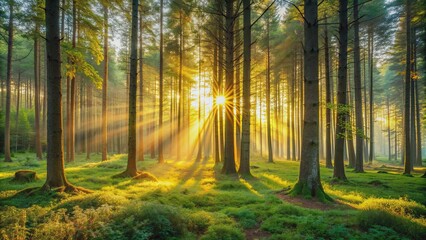 Naklejka premium Sunrise in a tranquil forest setting, morning, forest, sunlight, trees, peaceful, nature, outdoors, dawn, solitude, calm