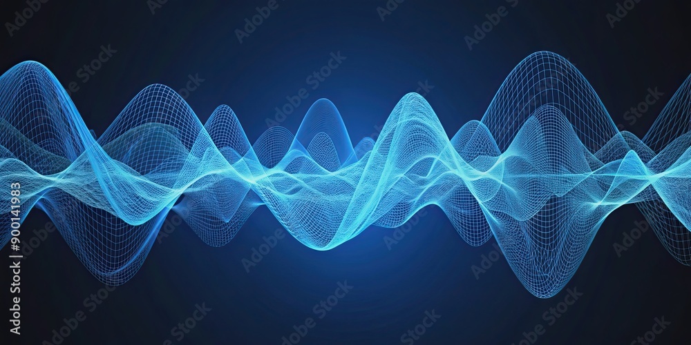 Sticker Abstract blue wireframe sound waves isolated on background, frequency, sound waves, audio, wavelengths, futuristic