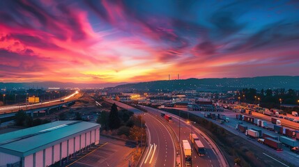 Realistic photo of a logistic hub near a major highway, with trucks, warehouses, and a colorful evening sky
