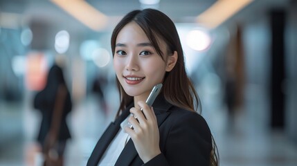 Confident Businesswoman: A professional woman in a sleek black suit holds a sleek, modern smartphone, her confident smile and focused gaze radiating professionalism and success. 