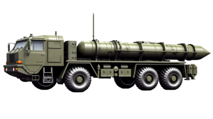 A large military truck with a rocket on top