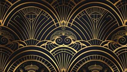 Obraz premium Luxurious Art Deco Vector Pattern: Golden Retro Geometric Shapes and Arches. Elegant Abstract Cultural Background with Intricate Swirls and Ornate Details. Opulent Decorative Design for High-End Inter