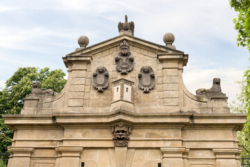 The upper  part of the main gate to the Visegrad district in Prague in Czech Republic