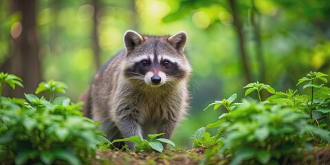 Obraz premium Raccoon foraging in a lush forest setting, wildlife, nature, animal, raccoon, forest, trees, wilderness, cute