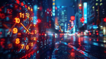 Obraz premium Cityscape at Night with Clock and Reflections