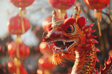 Obraz premium dragon with red and gold scales is the center of attention in a scene filled with red lanterns. The dragon's mouth is open, and its eyes are wide, giving it a fierce and intimidating appearance