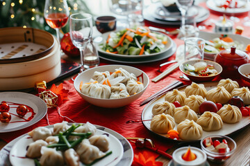 table with a lot of food and a lot of Chinese decorations. The table is set for a Chinese New Year celebration