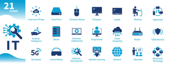 Information Technology Icon Set. Flat icons set on the theme of computer technology, programming, networking, cloud computing, servers, artificial intelligence, data, blockchain. Solid vector icon