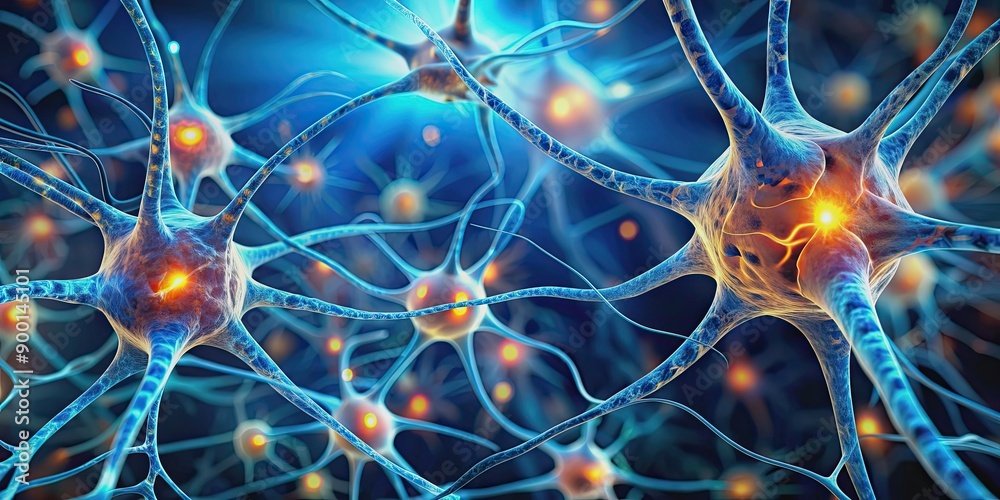 Poster Close up image of active nerve cells in the human brain, illustrating neural stimulation and activity, nervous system