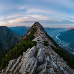 Describe the experience of standing on a mountain peak, overlooking a vast valley