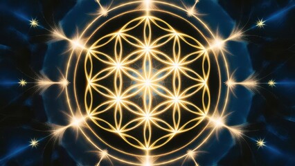 Fototapeta premium A mesmerizing geometric pattern featuring luminous flowers, radiating light and energy in a dark backdrop.