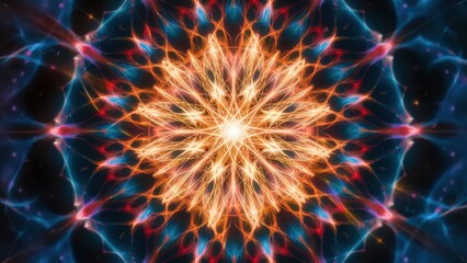 Fototapeta premium Vibrant digital artwork featuring a symmetrical starburst pattern with intricate lines and radiant colors, creating a mesmerizing visual effect.