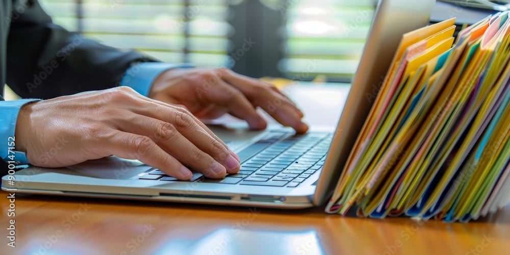Leinwandbilder business man using laptop access files document on viritual screen, document management system