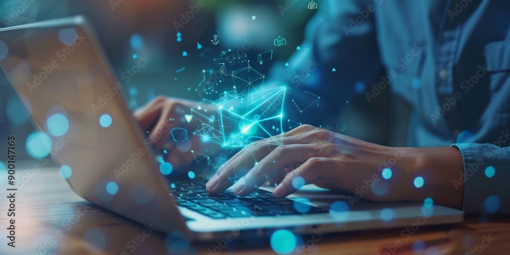 Poster businessman working with laptop sending email on virtual screen, email marketing concept, sending ma