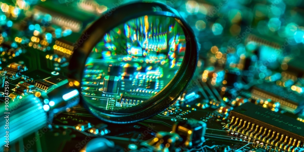 Aufkleber A magnifying glass inspecting network components, symbolizing the investigation of network problems