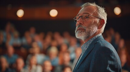 Fototapeta premium The Visionary: A seasoned speaker, confidently facing a packed audience, exudes wisdom and experience. His gaze, focused and intense, hints at a powerful message to be delivered. 