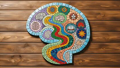 Colorful Mind Pathways Illustrated in a Mosaic Brain, Representing Meditation, Emotion, and the Connection Between Thoughts and Wellness