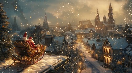 Santa sleigh parked on a snowy rooftop with twinkling stars