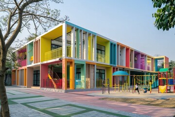 Aesthetic Exterior of a Contemporary School Building with Vibrant Colors - Ideal for Architectural Design, Education, and Urban Planning