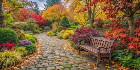 Charming autumn garden with vibrant foliage, cobblestone path, wooden bench, autumn, garden, charming, vibrant, foliage, cobblestone