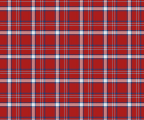 Plaid pattern, red, blue, white, seamless for textiles and designing clothing, skirts, pants, aprons, tablecloths, blankets or decorative fabrics. Vector illustration.