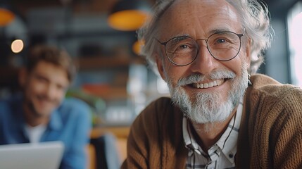 Wisdom's Warmth: A senior man radiates joy and contentment in a cafe setting, his smile reflecting a life well-lived.