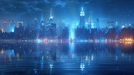 Night City Skyline with Water Reflection Illustration