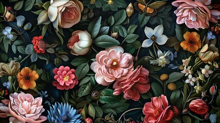 A charming digital artwork featuring a colorful flower bed in varying shades of pink, red, white, yellow, and orange. Lush foliage and beautiful butterflies add depth and vibrancy.