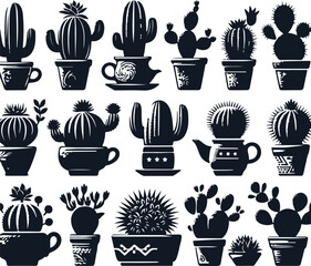 Cactus Set Silhouette Elegant Vector Illustration On Isolated White Background