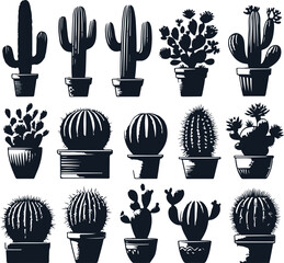 Cactus Set Silhouette Elegant Vector Illustration On Isolated White Background